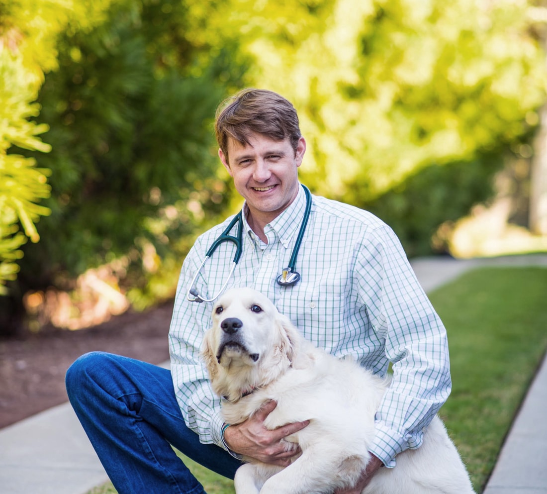 dr jackson walker holding a dog at Walker Canine Care